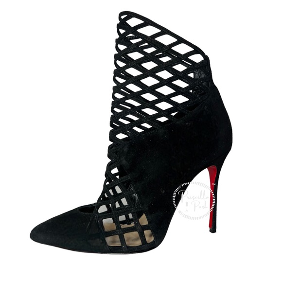 Christian Louboutin Black Suede Pointed Toe Ankle Boots Cutout Stiletto Heel 37 - Picture 8 of 16